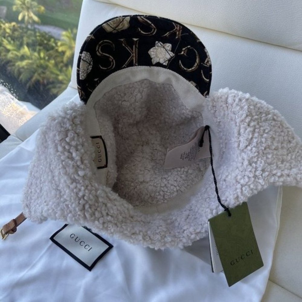 NEW GUCCI X KEN SCOTT Canvas Shearling Floral Print Cap Hat Size S Multicolor - Picture 5 of 11
